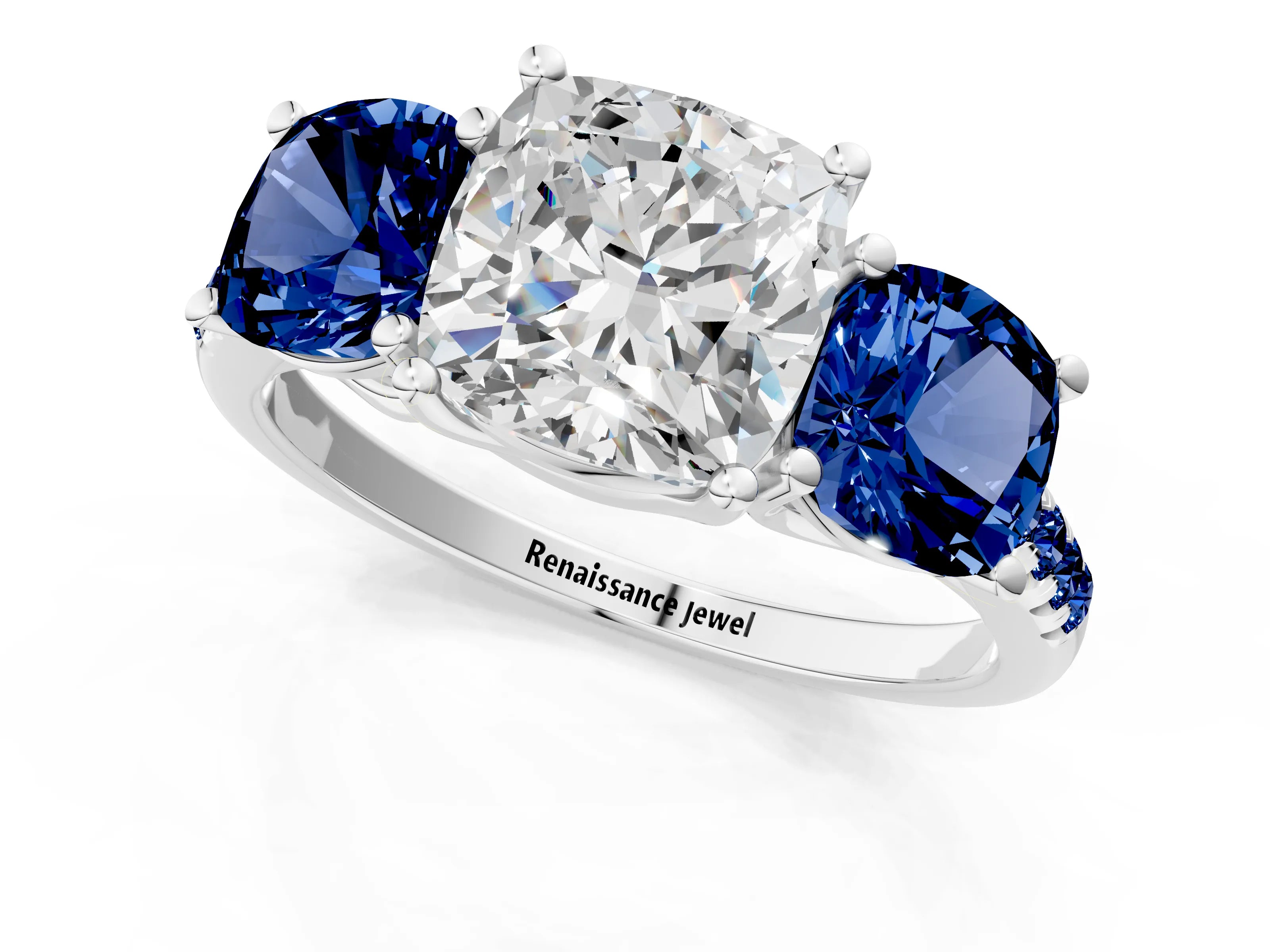 White gold Three-Stone Cushion Cut Diamond Ring with Round with Blue Sapphire side stone Pavé Band and Prong Setting_1