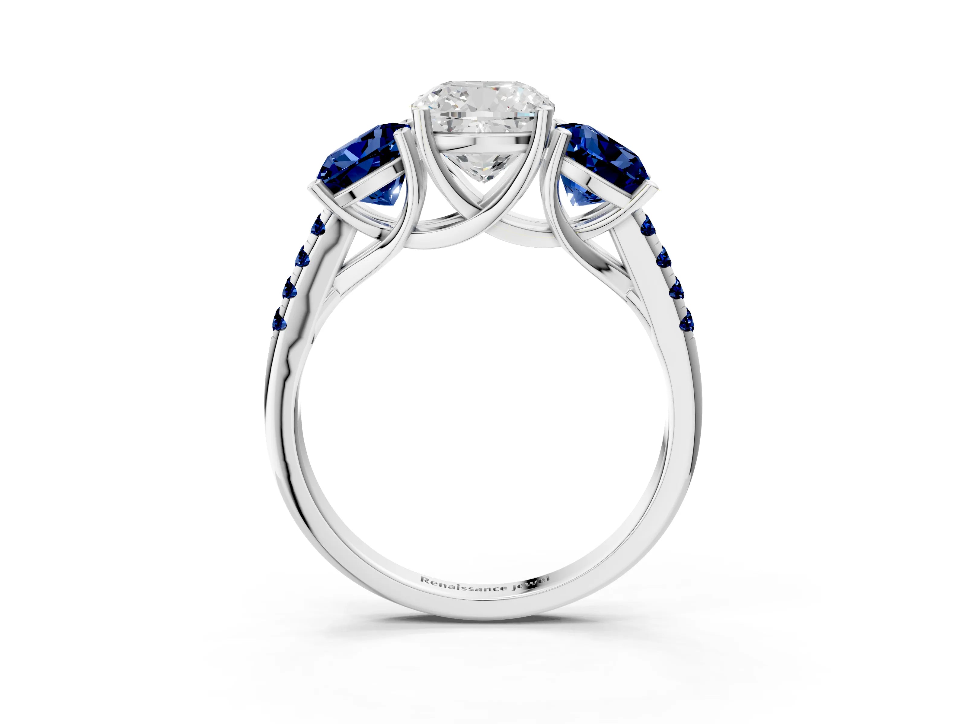 White gold Three-Stone Cushion Cut Diamond Ring with Round with Blue Sapphire side stone Pavé Band and Prong Setting_3