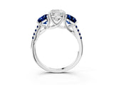 White gold Three-Stone Cushion Cut Diamond Ring with Round with Blue Sapphire side stone Pavé Band and Prong Setting_3