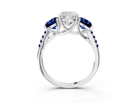 White gold Three-Stone Cushion Cut Diamond Ring with Round with Blue Sapphire side stone Pavé Band and Prong Setting_3