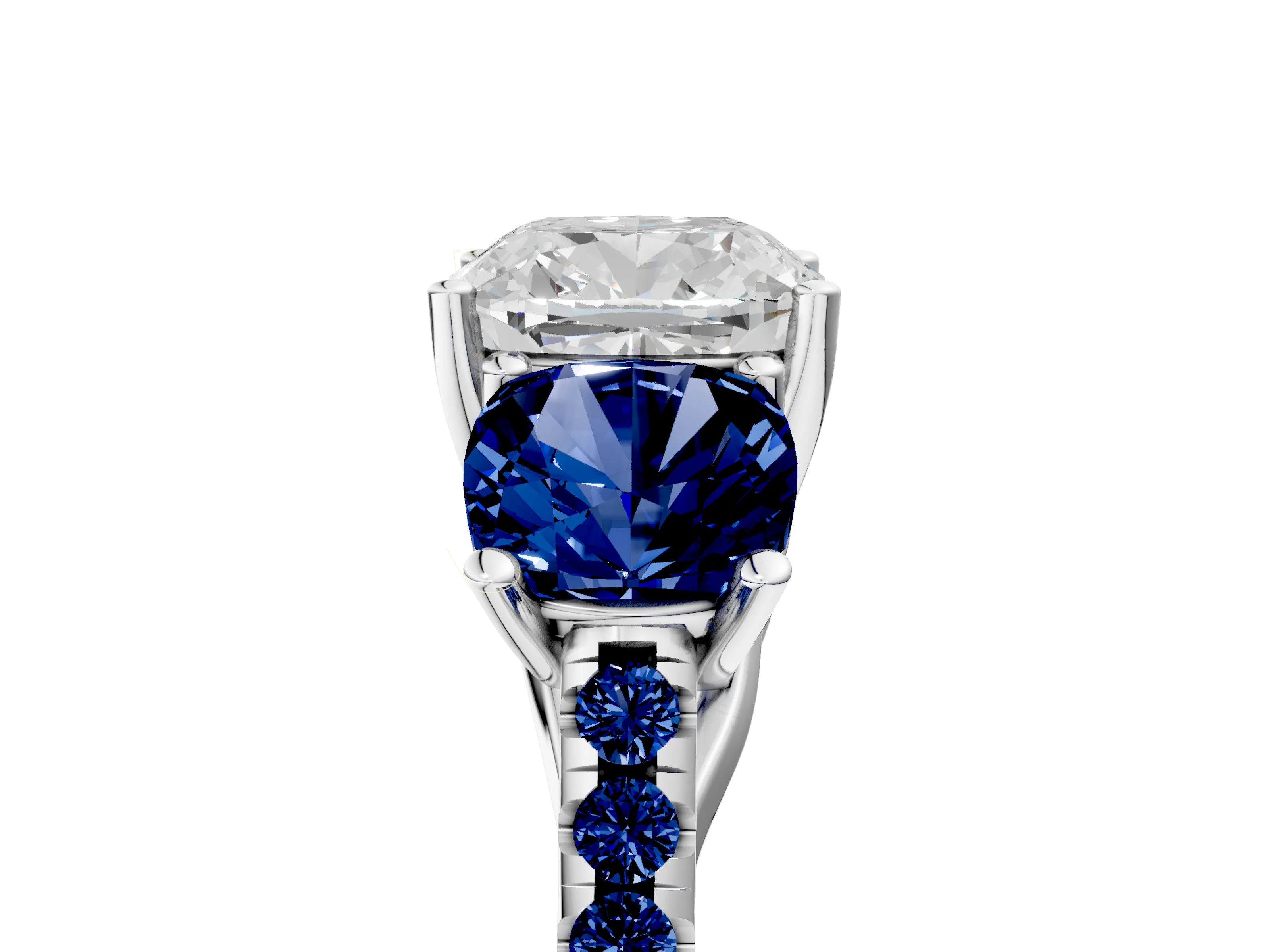 White gold Three-Stone Cushion Cut Diamond Ring with Round with Blue Sapphire side stone Pavé Band and Prong Setting_5