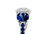 White gold Three-Stone Cushion Cut Diamond Ring with Round with Blue Sapphire side stone Pavé Band and Prong Setting_5