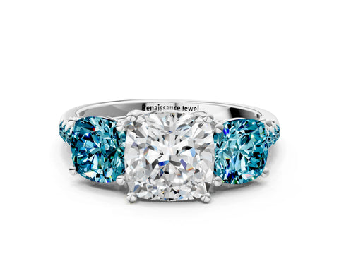 White gold Three-Stone Cushion Cut Diamond Ring with Round with Blue Topaz side stone Pavé Band and Prong Setting