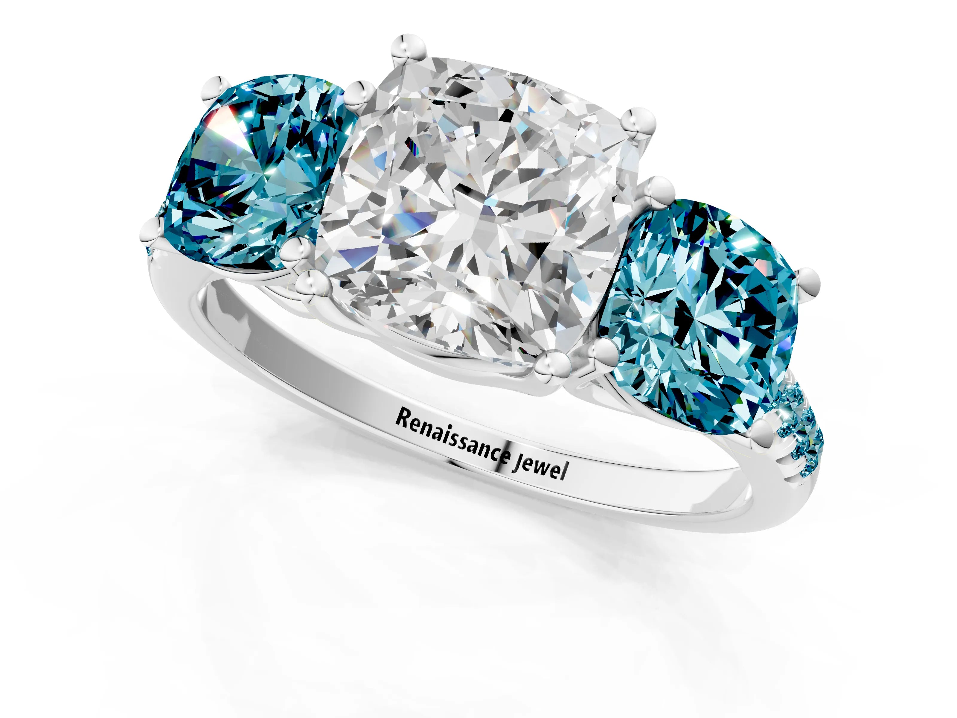 White gold Three-Stone Cushion Cut Diamond Ring with Round with Blue Topaz side stone Pavé Band and Prong Setting_1