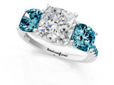 White gold Three-Stone Cushion Cut Diamond Ring with Round with Blue Topaz side stone Pavé Band and Prong Setting_1