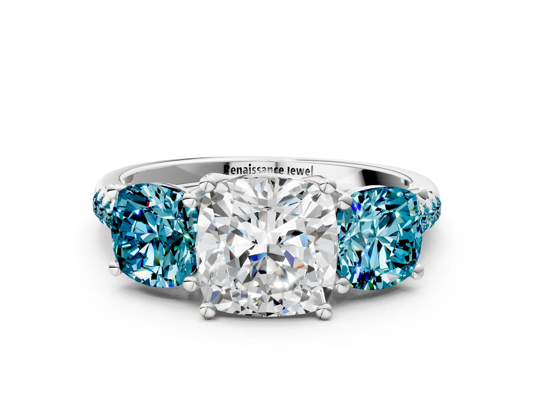 White gold Three-Stone Cushion Cut Diamond Ring with Round with Blue Topaz side stone Pavé Band and Prong Setting_12