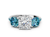 White gold Three-Stone Cushion Cut Diamond Ring with Round with Blue Topaz side stone Pavé Band and Prong Setting_12