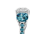 White gold Three-Stone Cushion Cut Diamond Ring with Round with Blue Topaz side stone Pavé Band and Prong Setting_17