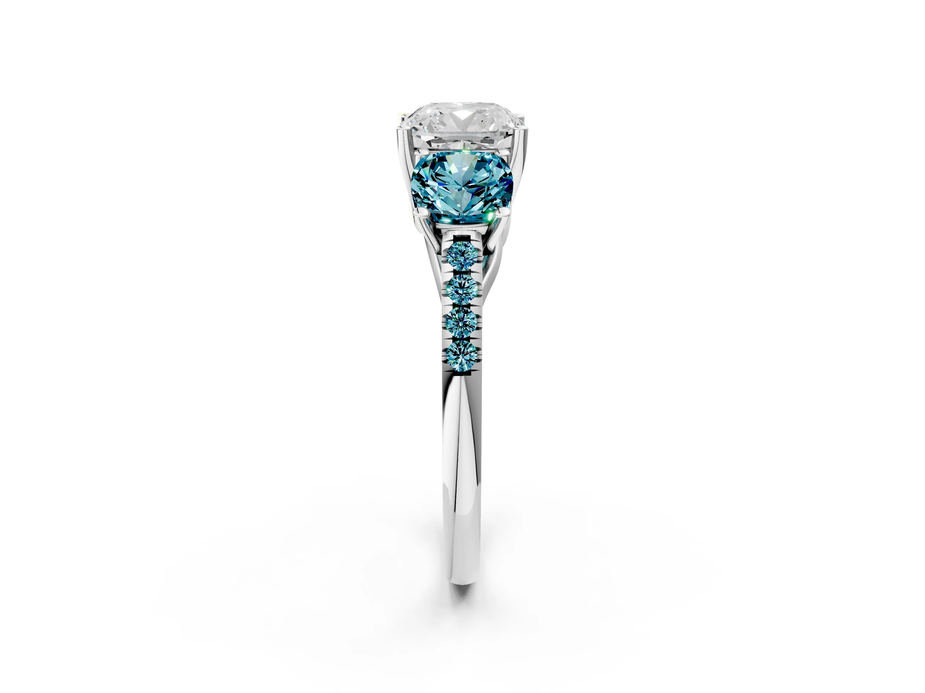 White gold Three-Stone Cushion Cut Diamond Ring with Round with Blue Topaz side stone Pavé Band and Prong Setting_2