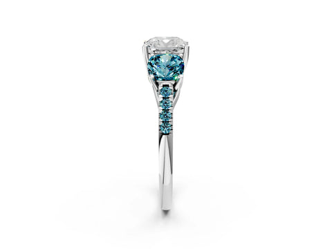 White gold Three-Stone Cushion Cut Diamond Ring with Round with Blue Topaz side stone Pavé Band and Prong Setting_2