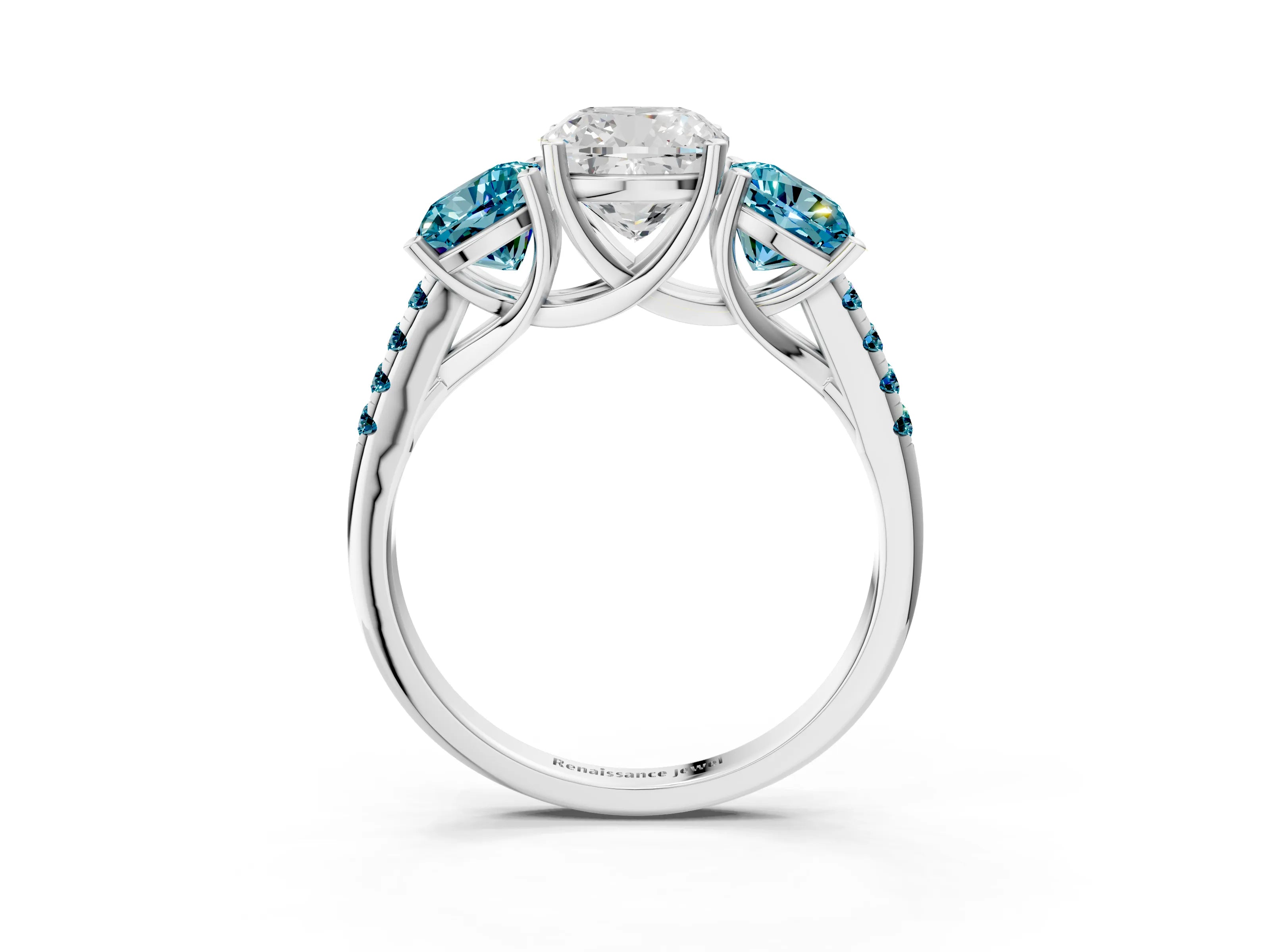 White gold Three-Stone Cushion Cut Diamond Ring with Round with Blue Topaz side stone Pavé Band and Prong Setting_3