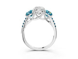 White gold Three-Stone Cushion Cut Diamond Ring with Round with Blue Topaz side stone Pavé Band and Prong Setting_3