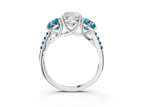 White gold Three-Stone Cushion Cut Diamond Ring with Round with Blue Topaz side stone Pavé Band and Prong Setting_3