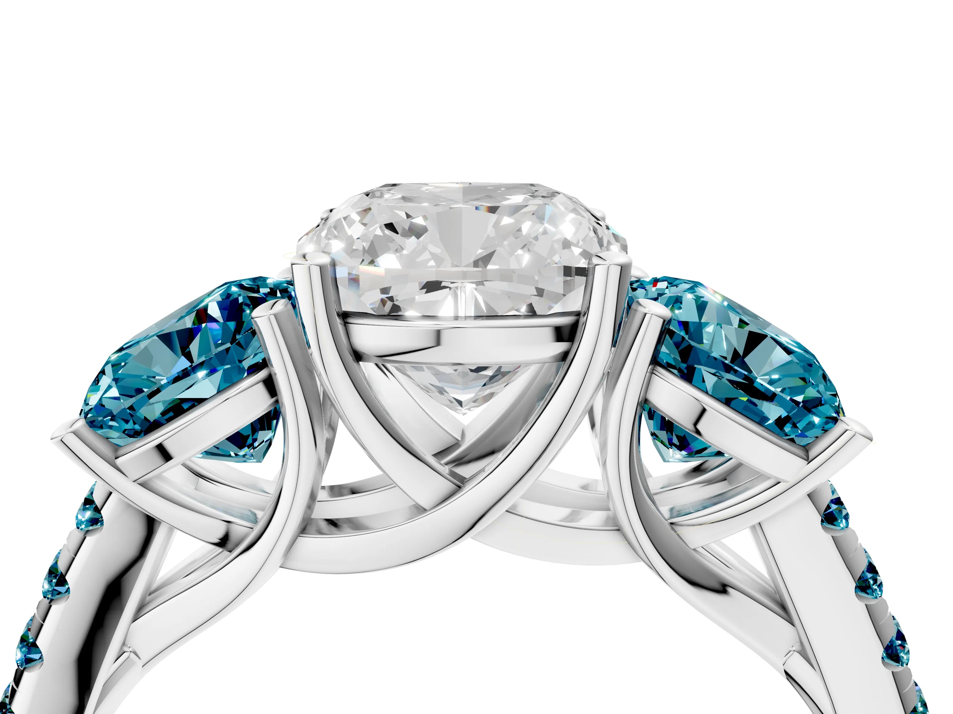 White gold Three-Stone Cushion Cut Diamond Ring with Round with Blue Topaz side stone Pavé Band and Prong Setting_4