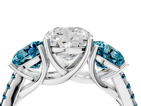 White gold Three-Stone Cushion Cut Diamond Ring with Round with Blue Topaz side stone Pavé Band and Prong Setting_4