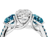 White gold Three-Stone Cushion Cut Diamond Ring with Round with Blue Topaz side stone Pavé Band and Prong Setting_4