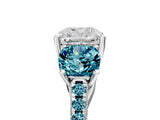 White gold Three-Stone Cushion Cut Diamond Ring with Round with Blue Topaz side stone Pavé Band and Prong Setting_5