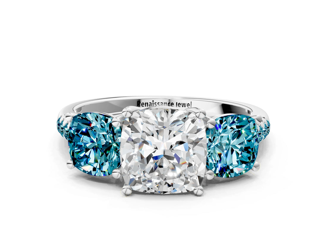 White gold Three-Stone Cushion Cut Diamond Ring with Round with Blue Topaz side stone Pavé Band and Prong Setting