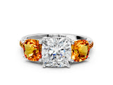 White gold Three-Stone Cushion Cut Diamond Ring with Round with Citrine side stone Pavé Band and Prong Setting_12