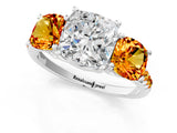 White gold Three-Stone Cushion Cut Diamond Ring with Round with Citrine side stone Pavé Band and Prong Setting_13