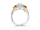 White gold Three-Stone Cushion Cut Diamond Ring with Round with Citrine side stone Pavé Band and Prong Setting_15