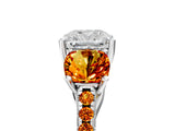 White gold Three-Stone Cushion Cut Diamond Ring with Round with Citrine side stone Pavé Band and Prong Setting_17