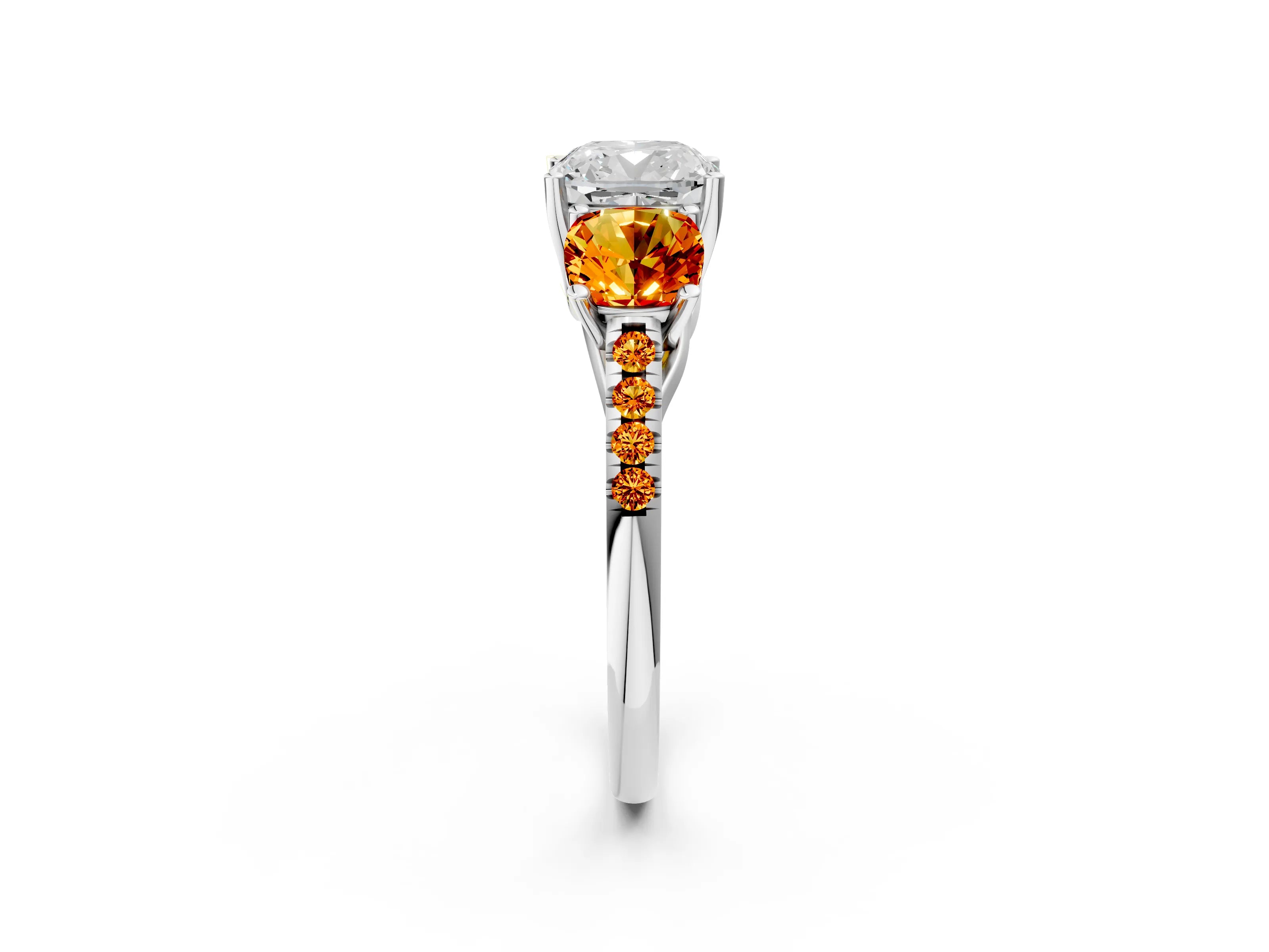 White gold Three-Stone Cushion Cut Diamond Ring with Round with Citrine side stone Pavé Band and Prong Setting_2