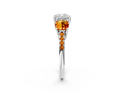 White gold Three-Stone Cushion Cut Diamond Ring with Round with Citrine side stone Pavé Band and Prong Setting_2