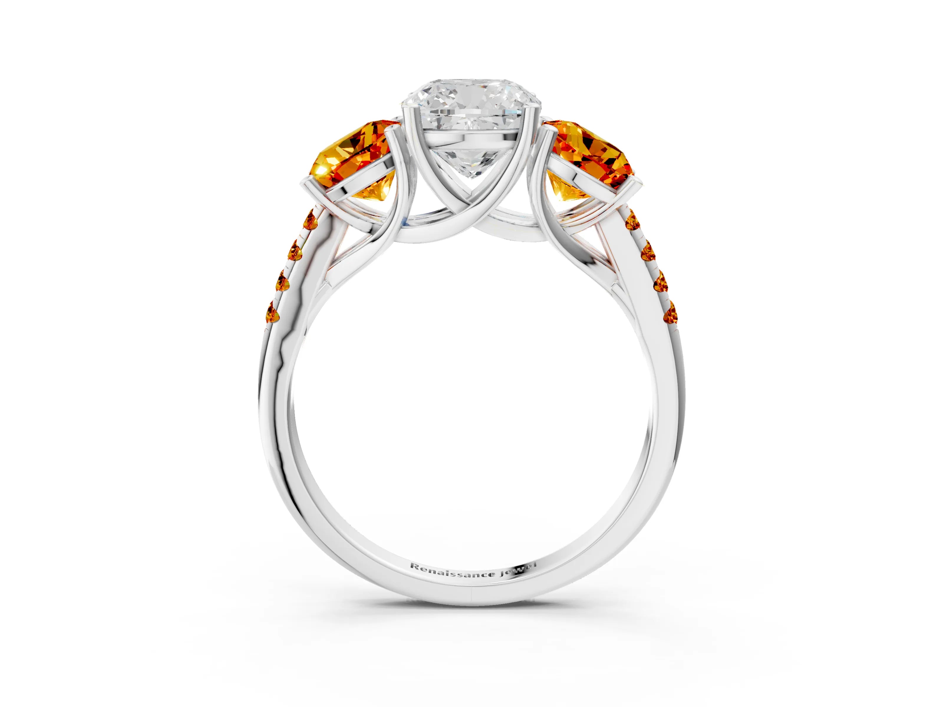 White gold Three-Stone Cushion Cut Diamond Ring with Round with Citrine side stone Pavé Band and Prong Setting_3