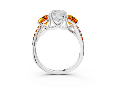 White gold Three-Stone Cushion Cut Diamond Ring with Round with Citrine side stone Pavé Band and Prong Setting_3