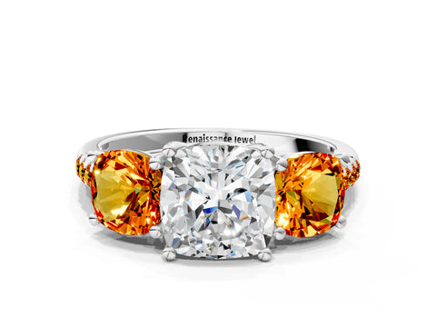 White gold Three-Stone Cushion Cut Diamond Ring with Round with Citrine side stone Pavé Band and Prong Setting
