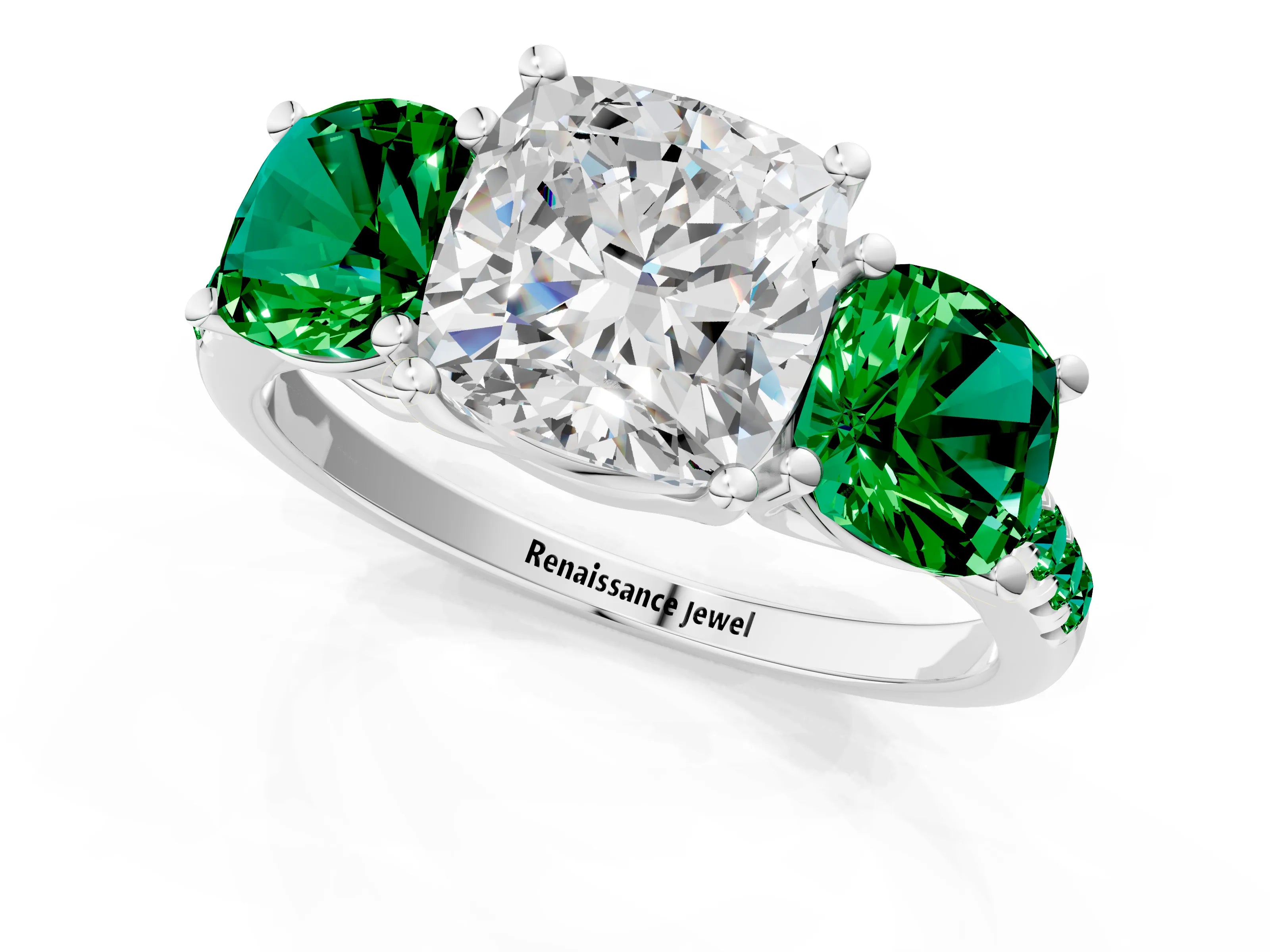 White gold Three-Stone Cushion Cut Diamond Ring with Round with Emerald side stone Pavé Band and Prong Setting_1