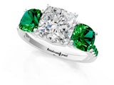 White gold Three-Stone Cushion Cut Diamond Ring with Round with Emerald side stone Pavé Band and Prong Setting_1