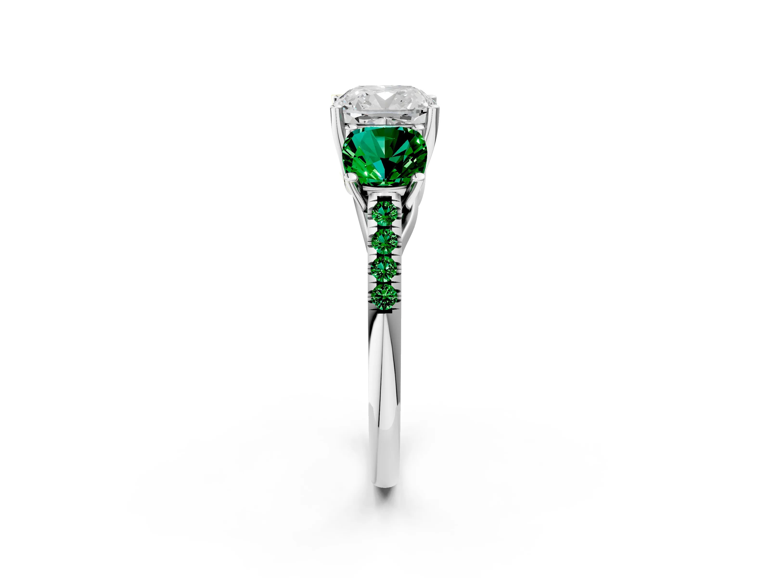 White gold Three-Stone Cushion Cut Diamond Ring with Round with Emerald side stone Pavé Band and Prong Setting_2