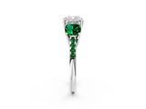 White gold Three-Stone Cushion Cut Diamond Ring with Round with Emerald side stone Pavé Band and Prong Setting_2