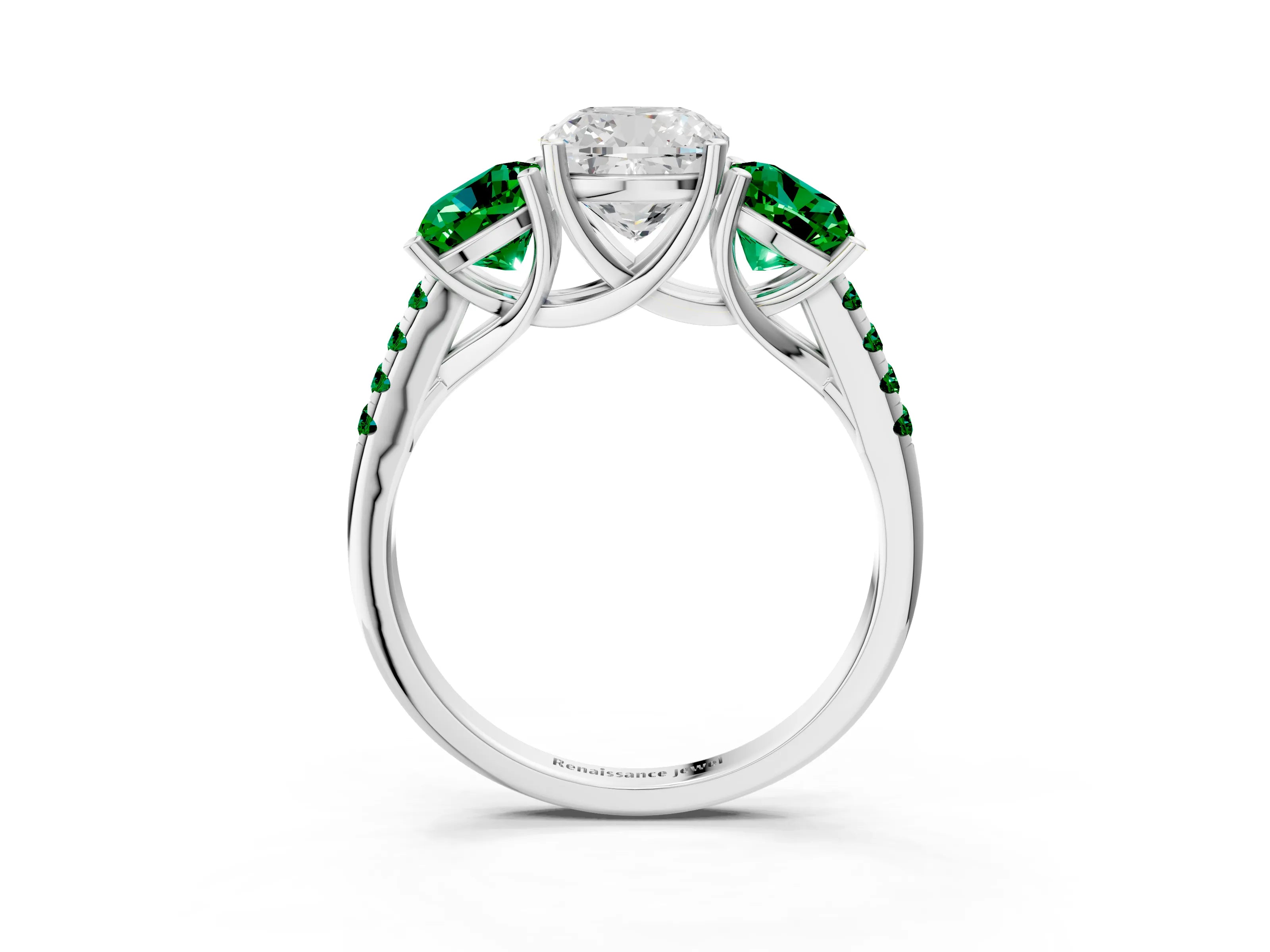 White gold Three-Stone Cushion Cut Diamond Ring with Round with Emerald side stone Pavé Band and Prong Setting_3