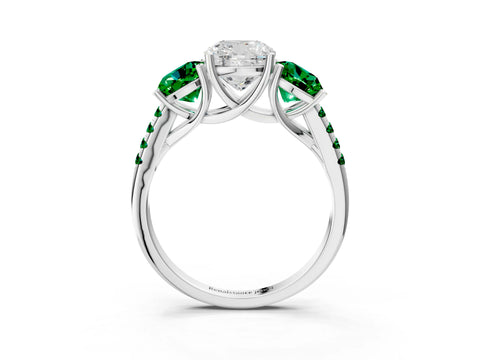 White gold Three-Stone Cushion Cut Diamond Ring with Round with Emerald side stone Pavé Band and Prong Setting_3