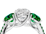 White gold Three-Stone Cushion Cut Diamond Ring with Round with Emerald side stone Pavé Band and Prong Setting_4
