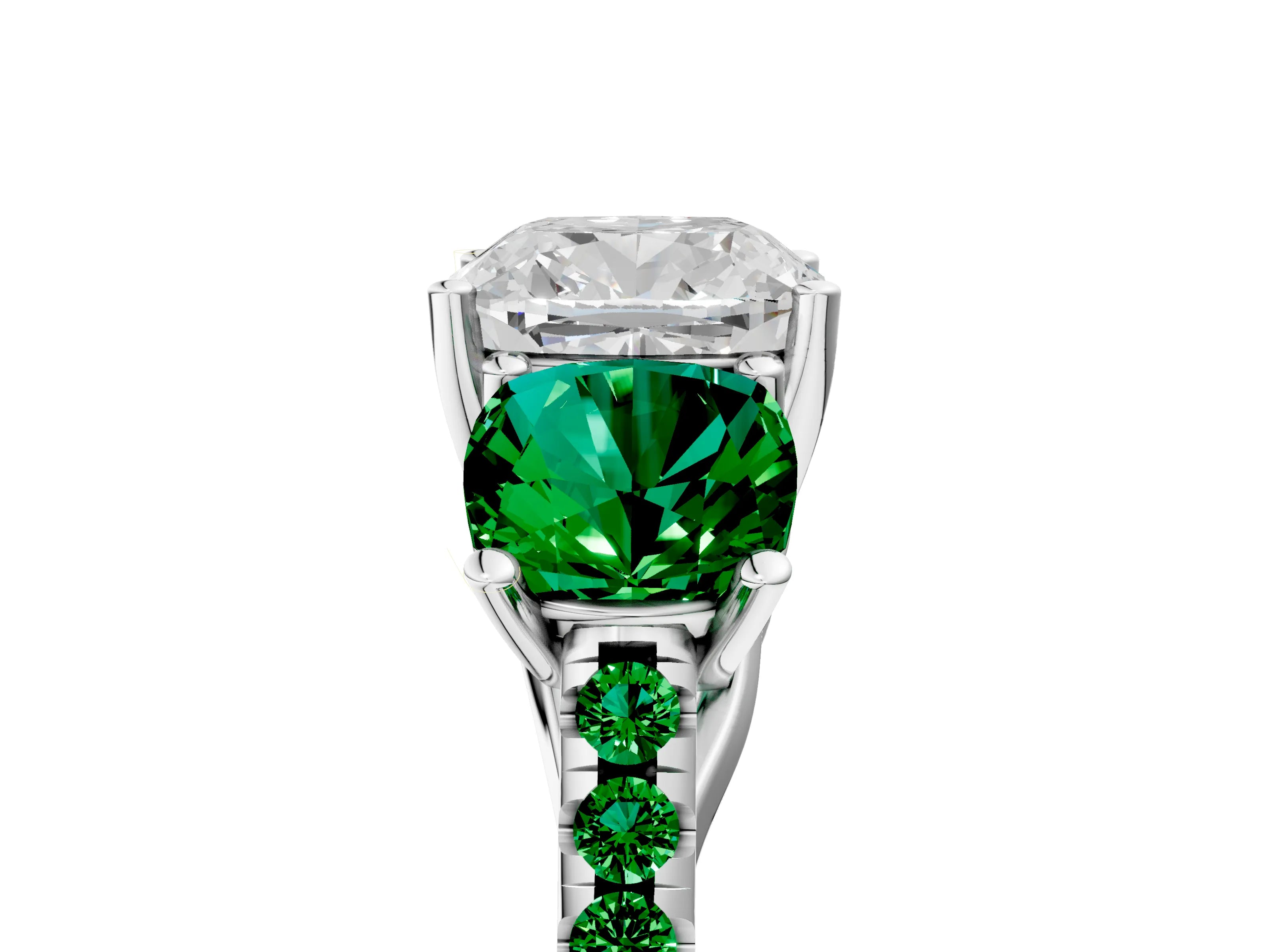 White gold Three-Stone Cushion Cut Diamond Ring with Round with Emerald side stone Pavé Band and Prong Setting_5