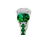 White gold Three-Stone Cushion Cut Diamond Ring with Round with Emerald side stone Pavé Band and Prong Setting_5