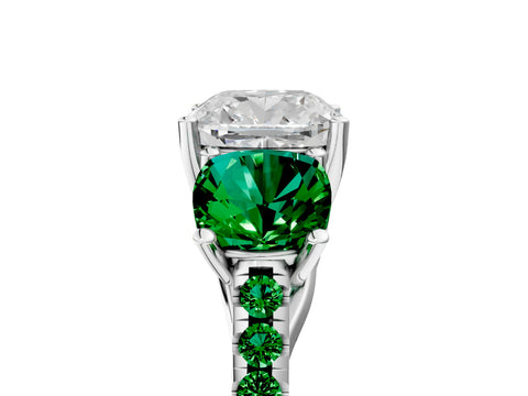 White gold Three-Stone Cushion Cut Diamond Ring with Round with Emerald side stone Pavé Band and Prong Setting_5