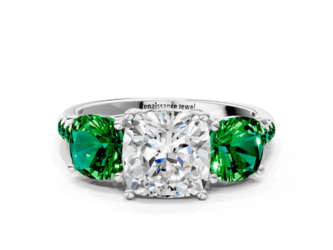 White gold Three-Stone Cushion Cut Diamond Ring with Round with Emerald side stone Pavé Band and Prong Setting