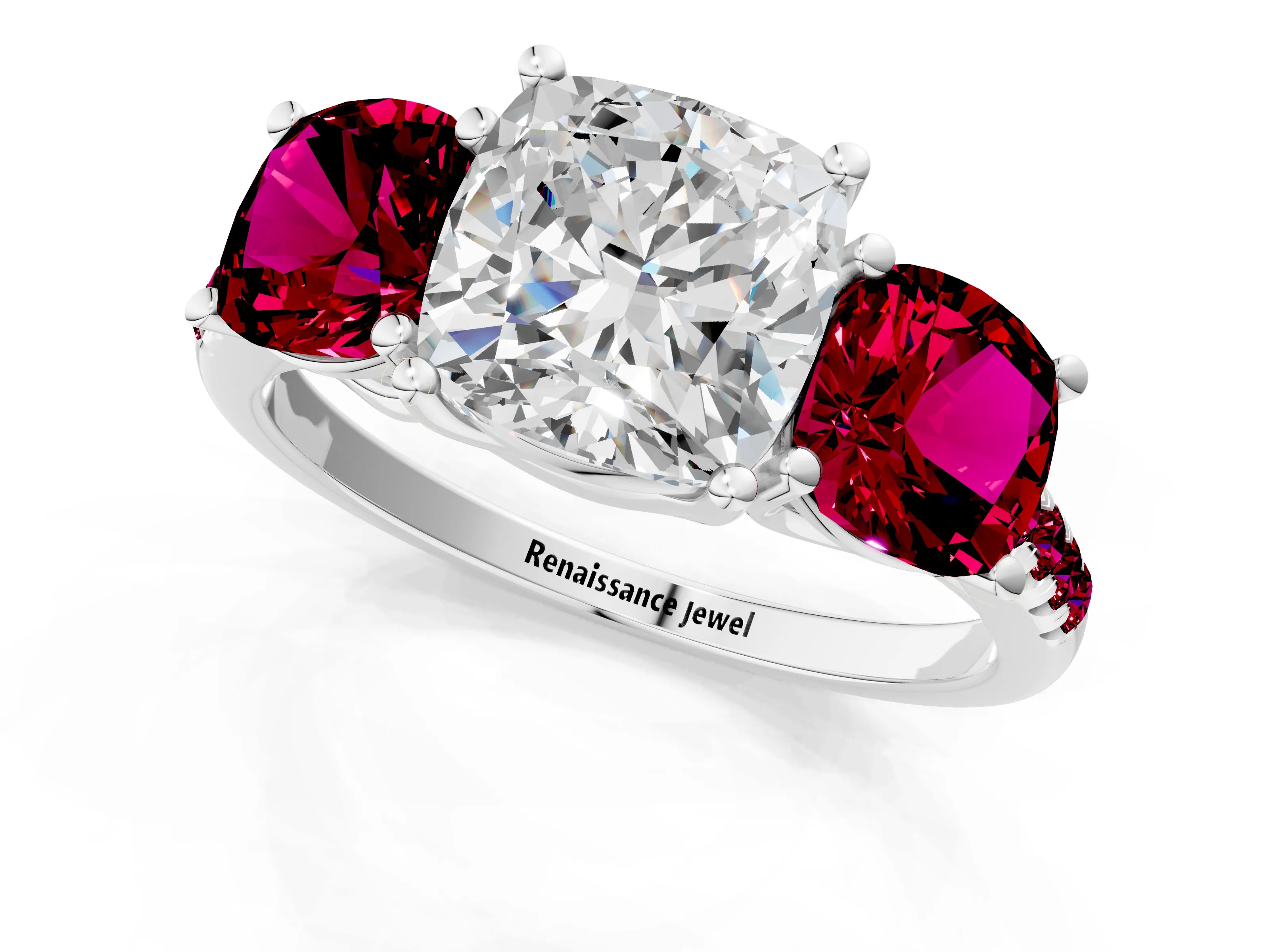 White gold Three-Stone Cushion Cut Diamond Ring with Round with Garnet side stone Pavé Band and Prong Setting_1