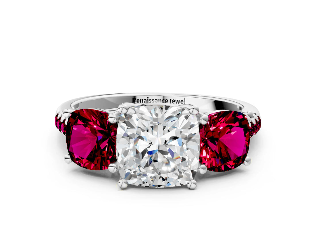 White gold Three-Stone Cushion Cut Diamond Ring with Round with Garnet side stone Pavé Band and Prong Setting_12