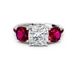 White gold Three-Stone Cushion Cut Diamond Ring with Round with Garnet side stone Pavé Band and Prong Setting_12