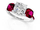 White gold Three-Stone Cushion Cut Diamond Ring with Round with Garnet side stone Pavé Band and Prong Setting_13