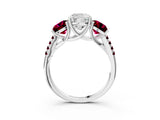 White gold Three-Stone Cushion Cut Diamond Ring with Round with Garnet side stone Pavé Band and Prong Setting_15
