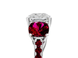 White gold Three-Stone Cushion Cut Diamond Ring with Round with Garnet side stone Pavé Band and Prong Setting_17
