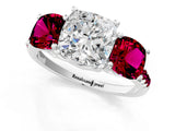 White gold Three-Stone Cushion Cut Diamond Ring with Round with Garnet side stone Pavé Band and Prong Setting_1
