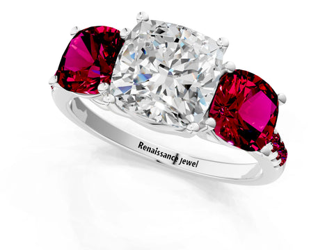 White gold Three-Stone Cushion Cut Diamond Ring with Round with Garnet side stone Pavé Band and Prong Setting_1